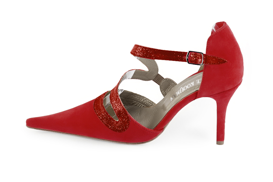 Women's cardinal red open side dress shoes, with snake-shaped straps. Pointed toe. High slim heel - Profile view